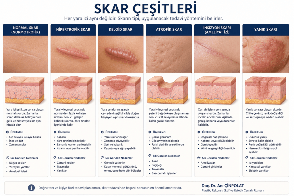Normal skar, hipertrofik skar, keloid, atrofik skar, ameliyat izi ve yanık skarı çeşitlerini gösteren tıbbi şematik görsel