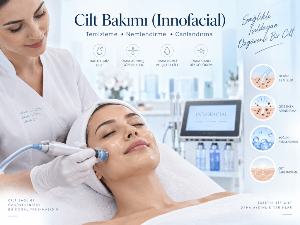 Innofacial uygulaması ile vakum destekli cilt temizliği, gözenek arındırma ve nemlendirme işlemini gösteren cilt bakımı görseli.