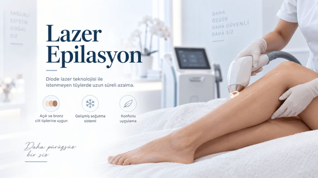 Diode lazer epilasyon uygulamasını temsil eden, pürüzsüz cilt görünümü ve modern klinik estetiğini yansıtan tanıtım görseli