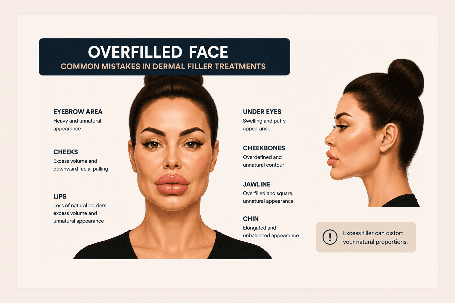 Illustration showing an overfilled face caused by excessive dermal filler treatment, highlighting unnatural cheekbones, lips, jawline, and facial proportions.