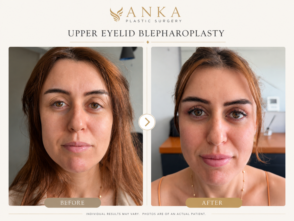 Upper eyelid blepharoplasty before and after result showing reduced upper eyelid skin excess and a more open eye appearance