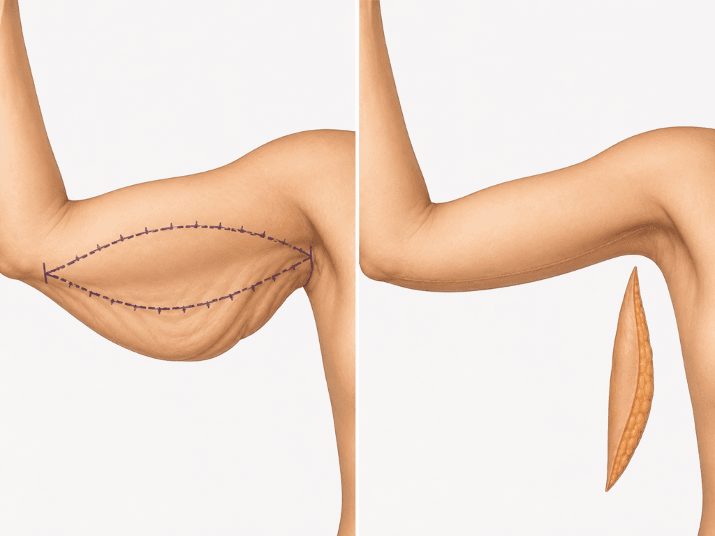 Arm lift surgery illustration showing excess upper-arm skin marked for excision and the tightened contour after removal