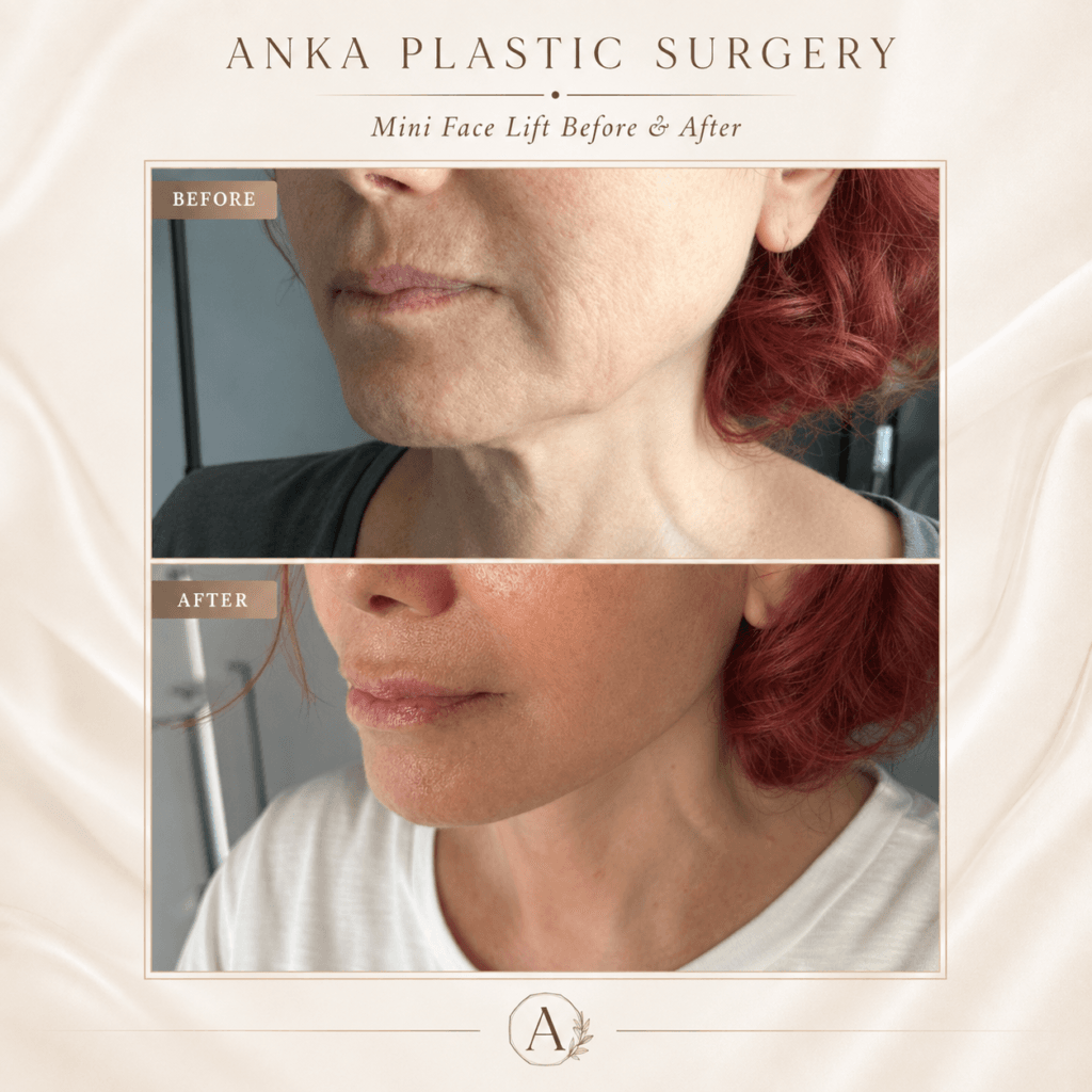 Mini facelift before and after showing improvement in lower-face laxity, jowls and jawline definition.