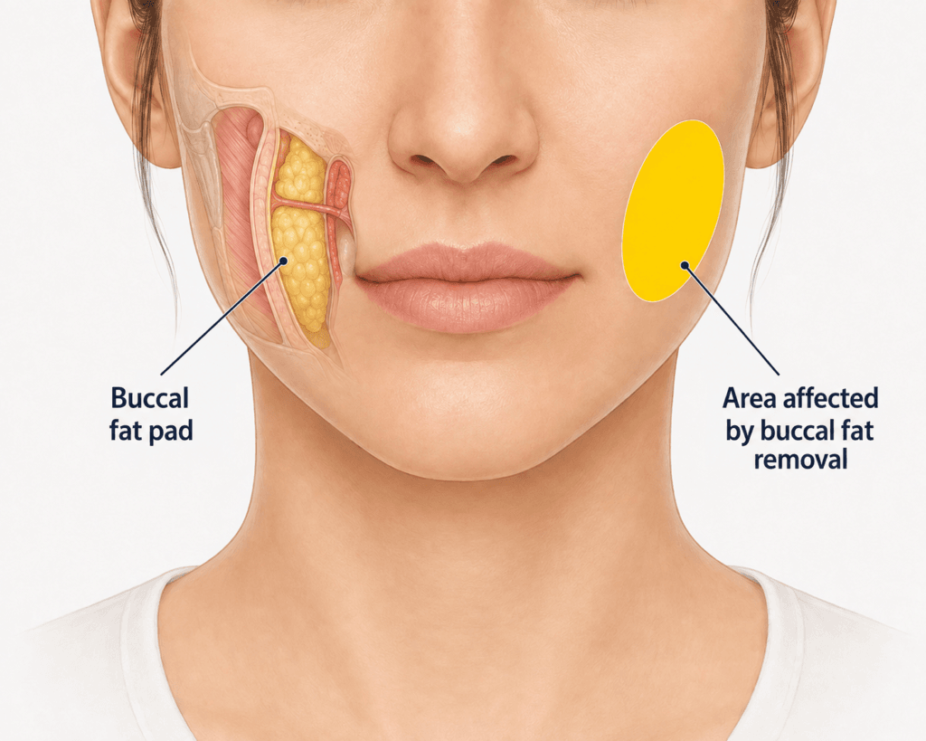 Anatomical location of the buccal fat pad and the cheek area affected by buccal fat removal