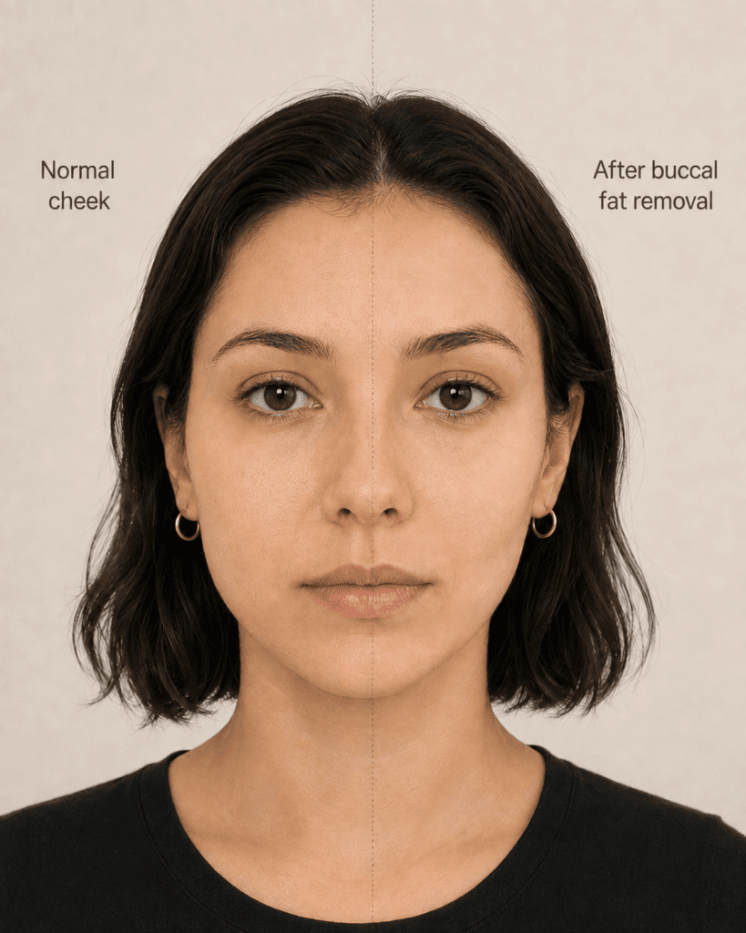 Schematic comparison of a normal cheek and the cheek contour after buccal fat removal