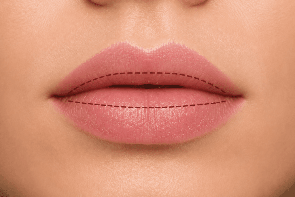 Lip reduction incision lines showing the planned upper and lower lip markings near the wet-dry mucosal junction