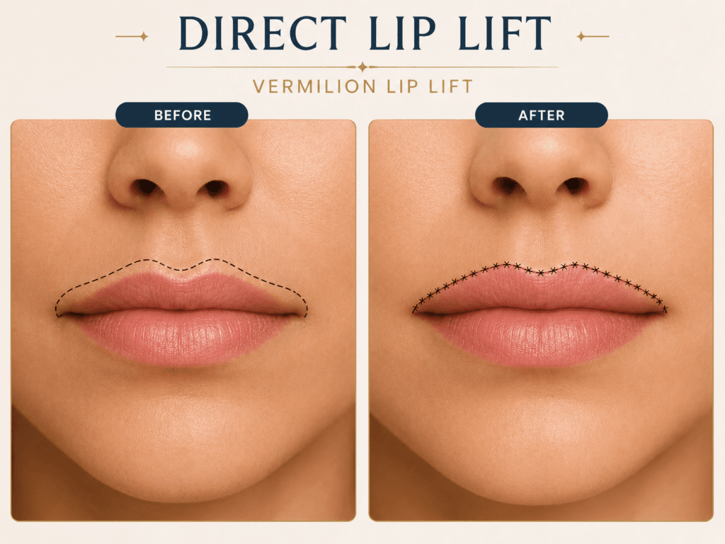 Direct lip lift showing the planned vermilion excision and postoperative suture line along the upper lip border