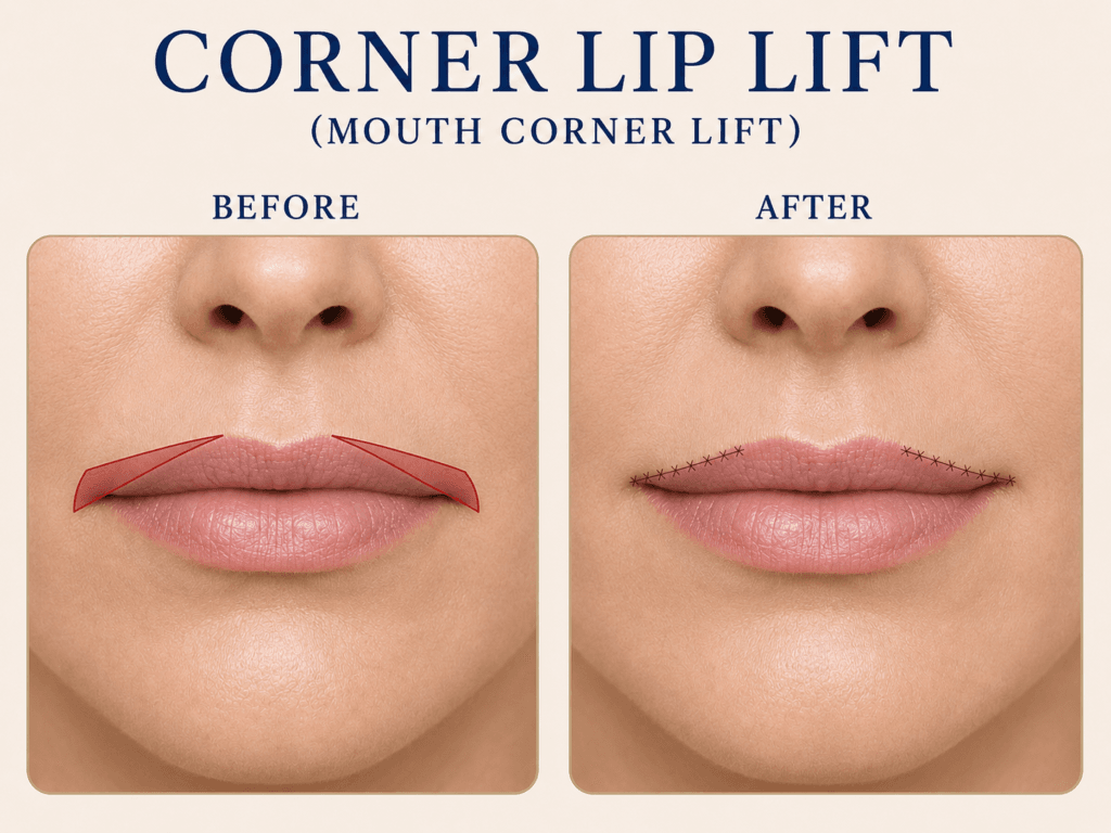 Corner lip lift showing the planned skin excision at the mouth corners and the postoperative suture lines along the upper vermilion border