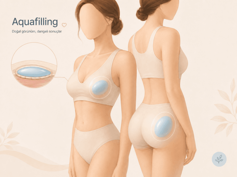 Schematic illustration showing high-volume Aquafilling injections in the breast and buttock areas
