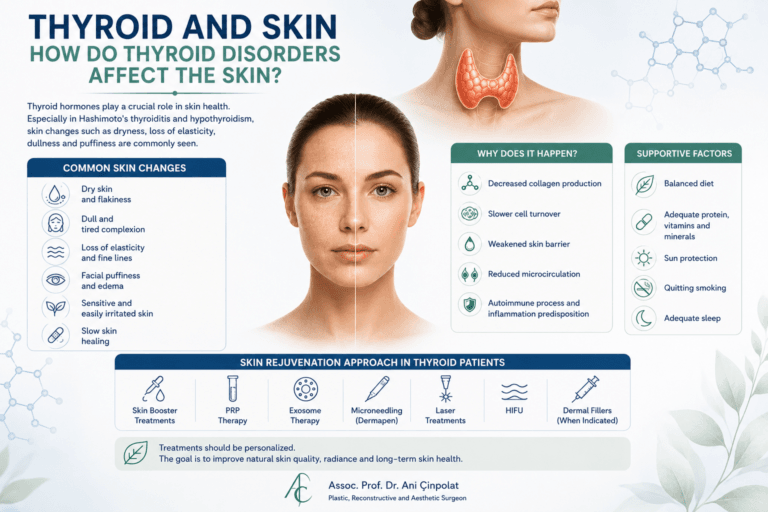 Thyroid disorders and their effects on dry skin, loss of elasticity, dullness, and overall skin quality.