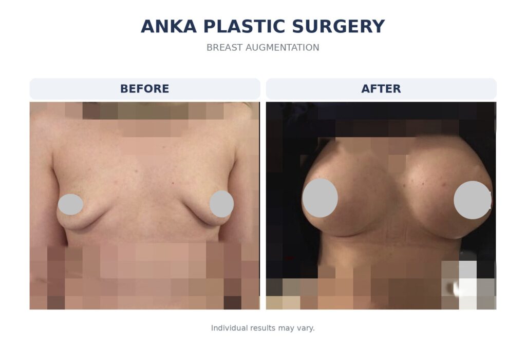 Before and after breast augmentation with implants showing increased breast volume and improved breast contour.