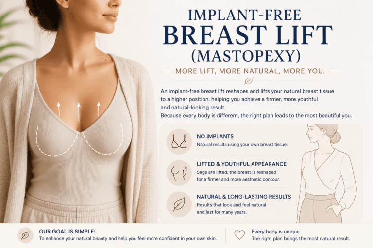 Implant-free breast lift (mastopexy) infographic illustrating natural breast reshaping using the patient's own breast tissue without implants.
