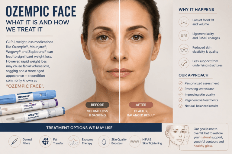 Medical infographic explaining Ozempic Face, facial volume loss after GLP-1 weight loss medications, and natural facial rejuvenation treatment options.