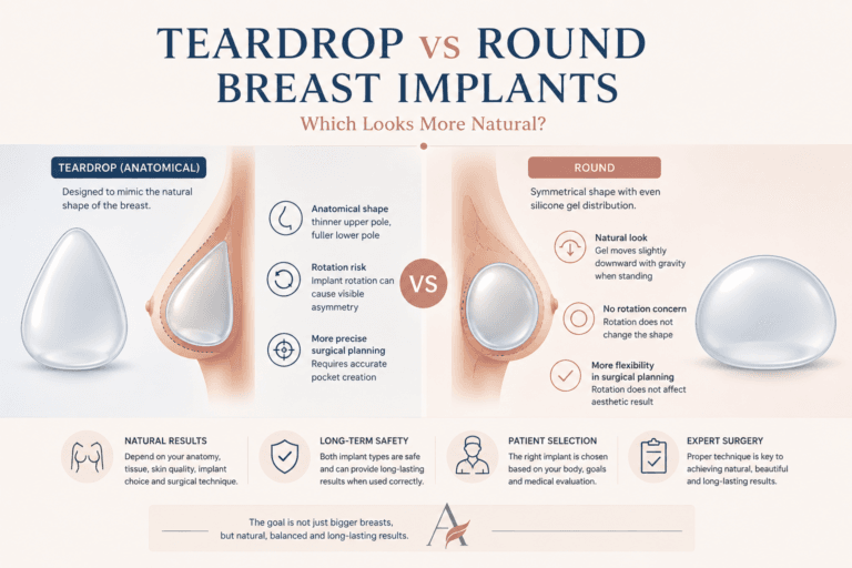Comparison of teardrop and round breast implants showing implant shape, rotation risk, surgical planning, and natural-looking breast augmentation outcomes.