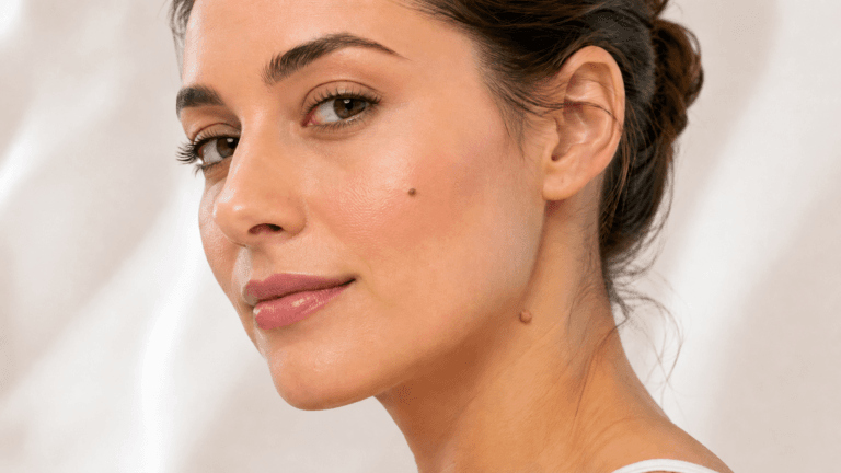 Woman with a small facial dermal naevus and a skin tag on the face