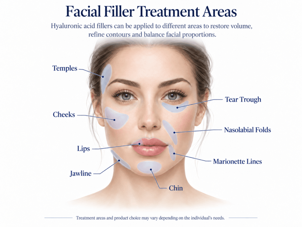 Infographic showing the common facial areas for hyaluronic acid filler treatment, including the lips, nasolabial folds, marionette lines, chin and cheekbones.