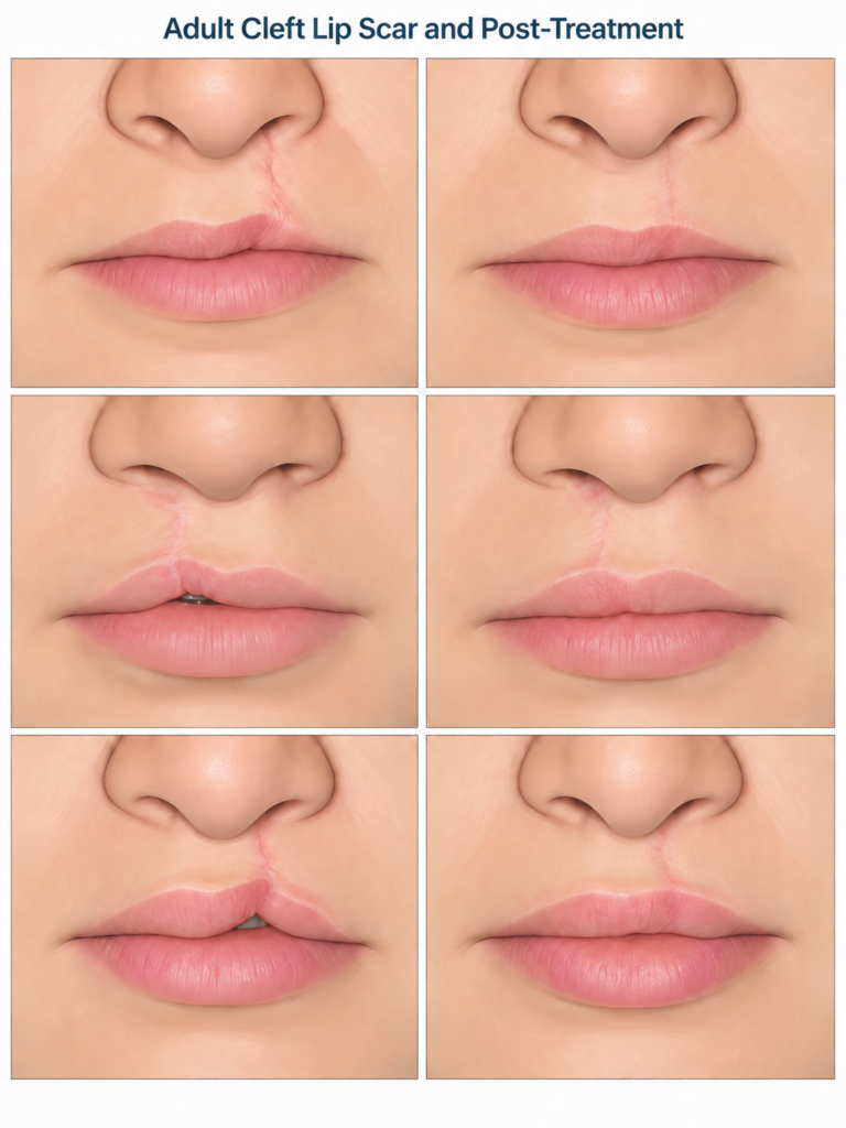 Illustration showing before-and-after views of secondary correction of adult cleft lip scar with improved lip contour, symmetry and scar appearance.