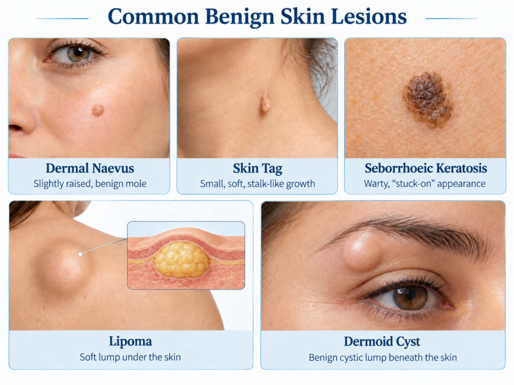 Common benign skin lesions including dermal naevus, skin tag, seborrhoeic keratosis, lipoma and dermoid cyst.