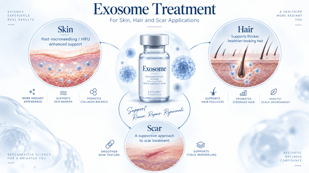 Medical infographic showing exosome treatment applications for skin, hair and scar care