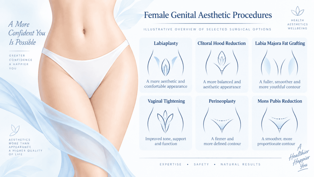 Infographic illustrating female genital aesthetic procedures including labiaplasty, clitoral hood reduction, labia majora fat grafting, vaginal tightening, perineoplasty and mons pubis reduction.