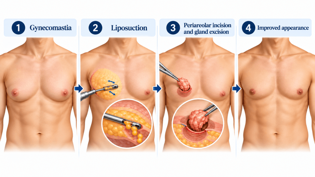Four-step medical illustration showing gynecomastia surgery with liposuction, periareolar gland excision and the final male chest contour.