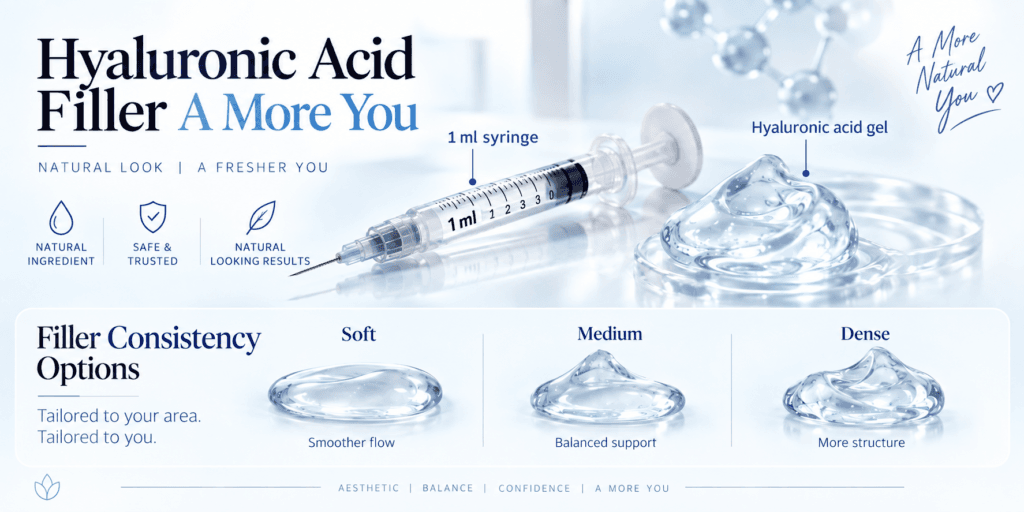 Hyaluronic acid filler infographic showing a 1 ml dermal filler syringe, clear gel structure and basic information about filler content and consistency.
