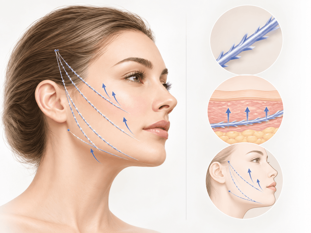Thread lift treatment showing facial suspension vectors and schematic lifting threads
