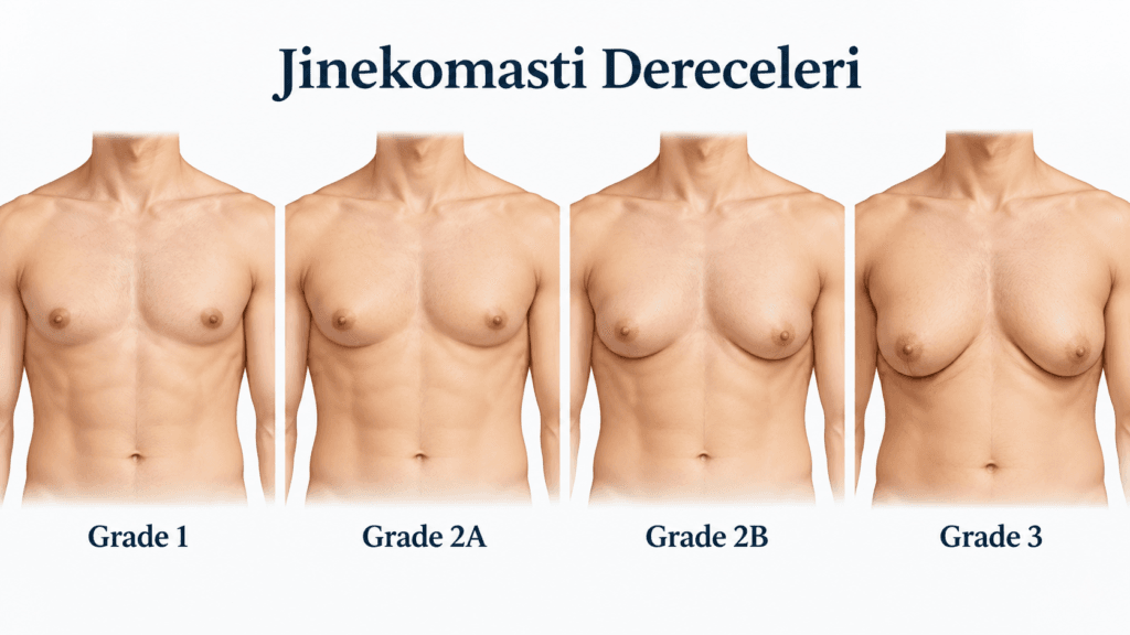 Schematic comparison of gynecomastia grades in men, showing mild to advanced male breast enlargement and increasing skin excess.