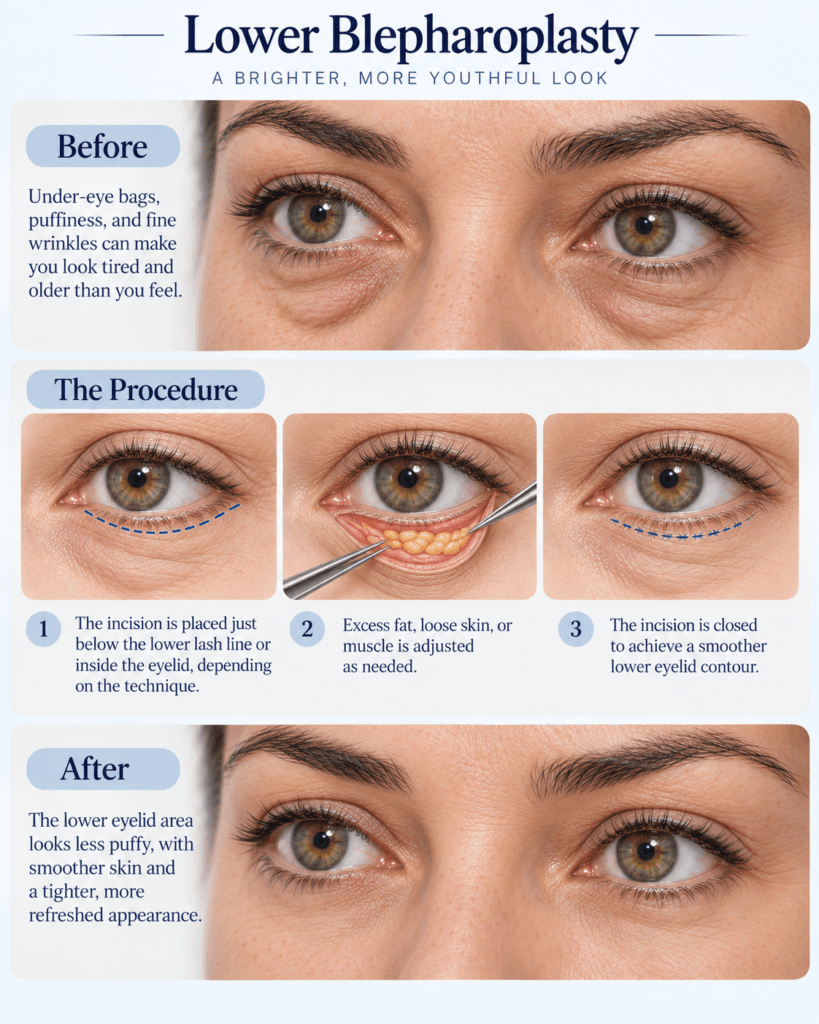 Infographic showing lower blepharoplasty, including under-eye puffiness and wrinkles, incision planning, and the postoperative result.