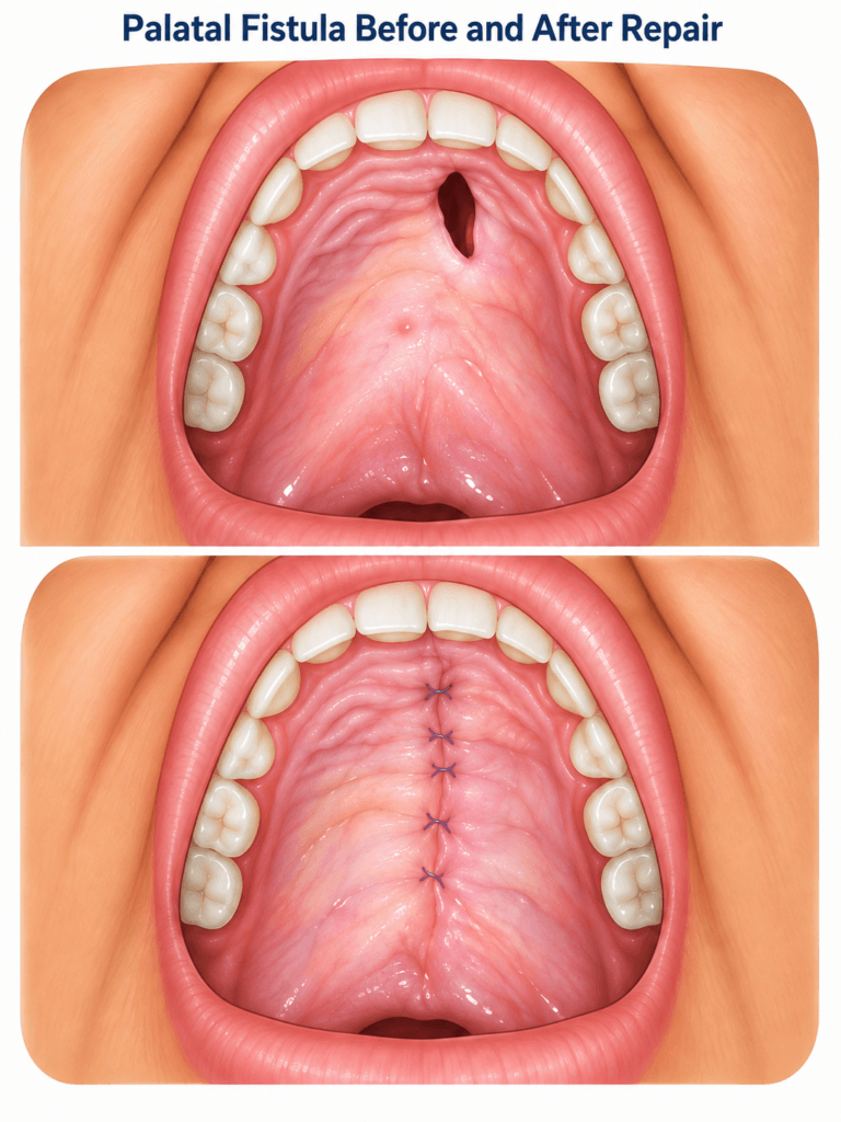 Schematic comparison of a palatal fistula before surgery and the palate after surgical repair in a patient with cleft palate.