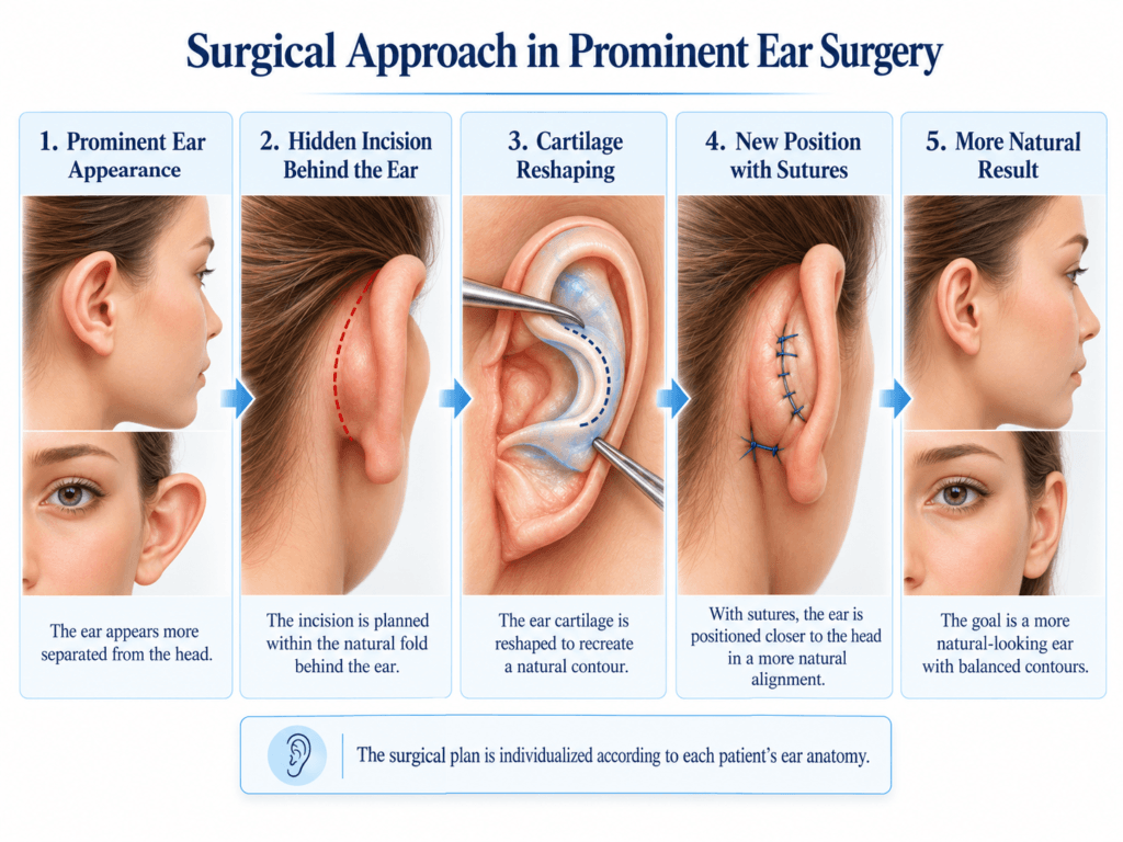 Medical infographic showing the surgical steps of prominent ear correction, including a hidden incision behind the ear, cartilage reshaping and repositioning with sutures.