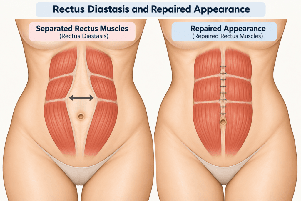 Schematic medical illustration showing rectus muscle separation and the repaired appearance with sutures placed along the midline.