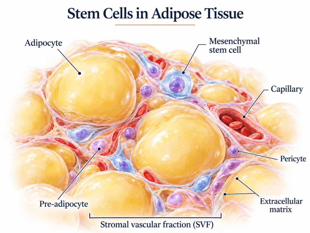Medical illustration showing adipocytes, mesenchymal stem cells, capillaries, pericytes, extracellular matrix and the stromal vascular fraction within adipose tissue.