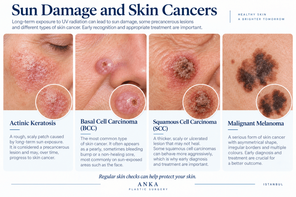 Educational comparison of actinic keratosis, basal cell carcinoma, squamous cell carcinoma and malignant melanoma caused by sun damage.