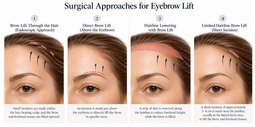 Infographic showing surgical approaches used in eyebrow lift: temporal brow lift through the hair, direct brow lift, forehead shortening with brow lift, and hairline brow lift.