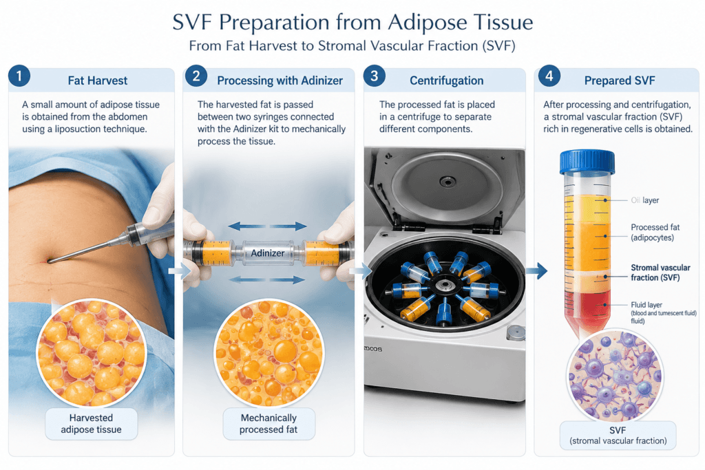 Schematic illustration showing the SVF preparation process, including fat harvesting from the abdomen, mechanical processing with an Adinizer kit, centrifugation, and the prepared SVF in a tube.