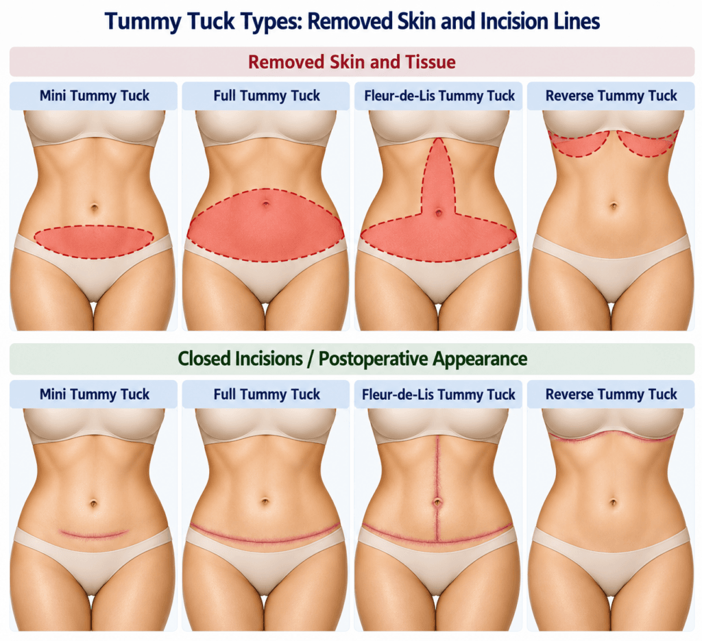 Medical illustration comparing mini, full, Fleur-de-Lis and reverse tummy tuck procedures, showing removed skin areas and postoperative incision lines.