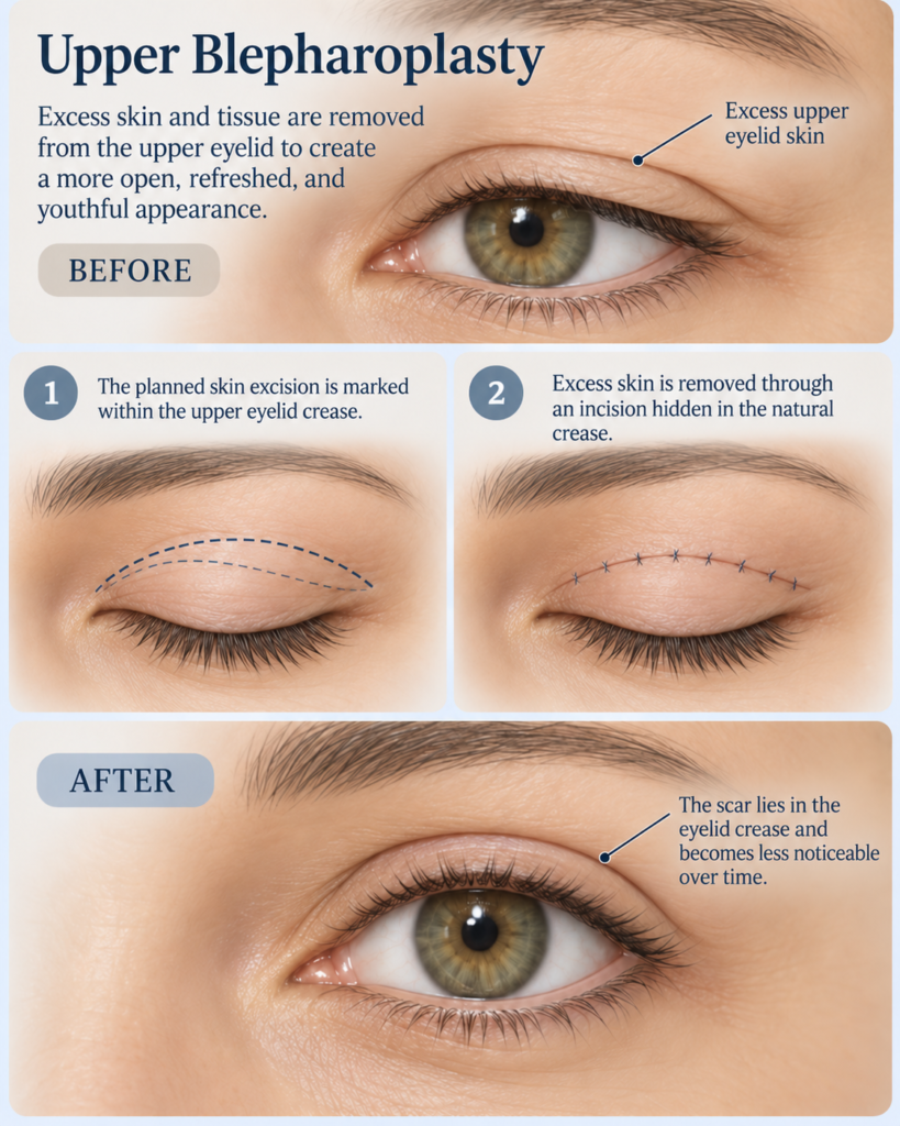 Infographic showing upper blepharoplasty, including excess upper eyelid skin, incision placement, suturing, and the postoperative result.