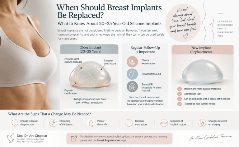 Comparison of an older breast implant with possible silent rupture and capsular changes versus a modern replacement implant.