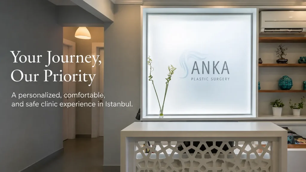 Reception of Anka Plastic Surgery in Nişantaşı, Istanbul, with the Anka logo on a backlit panel behind a white reception desk