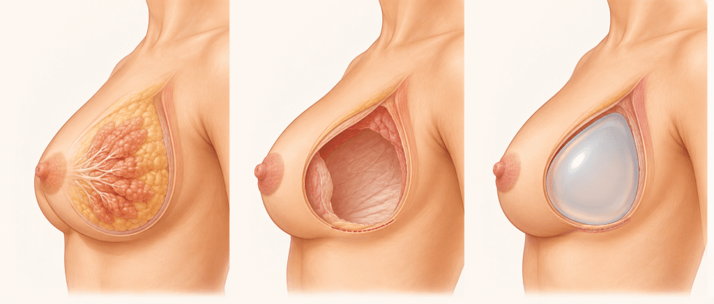 Three-stage medical illustration showing risk-reducing mastectomy through the inframammary fold and breast reconstruction with a silicone implant in a BRCA-positive patient