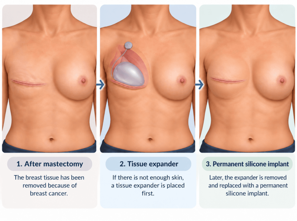 Three-panel medical illustration showing implant-based breast reconstruction after mastectomy: post-mastectomy appearance, placement of a tissue expander, and reconstruction with a permanent silicone implant.