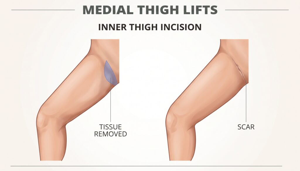 Medical illustration showing tissue removed and incision scar placement in medial thigh lift surgery.