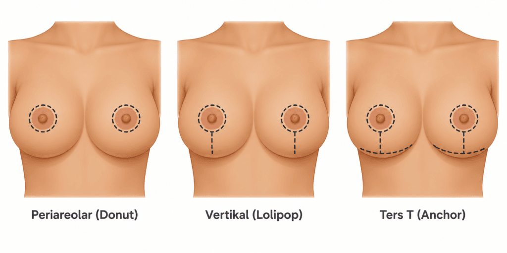 Breast lift incision patterns showing periareolar, vertical and inverted T techniques