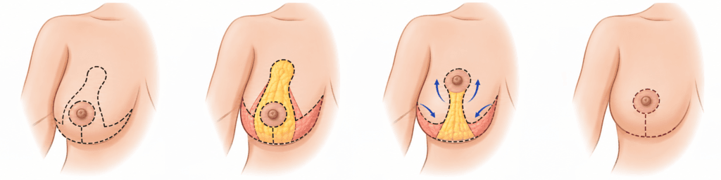 Four-stage surgical illustration of inverted-T breast reduction with a medial pedicle technique