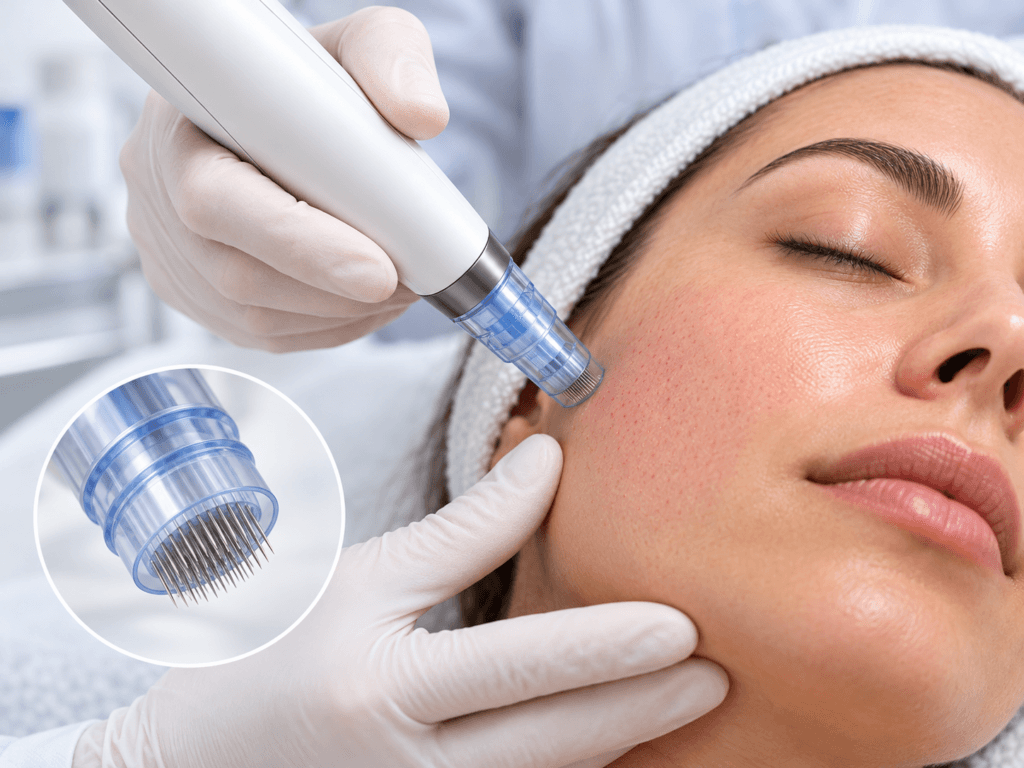 Microneedling device used on the face with close-up view of the needle cartridge