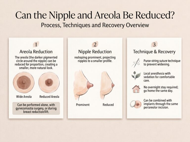 Medical infographic showing nipple and areola reduction, areola diameter, nipple projection and permanent purse-string suture technique