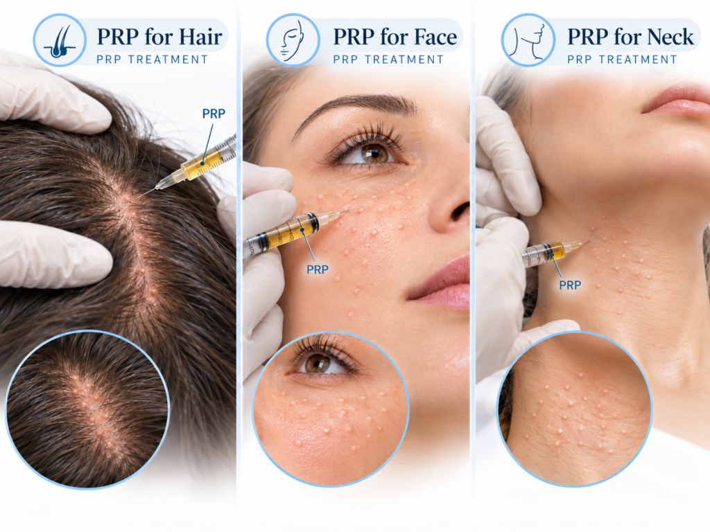 Medical illustration showing PRP injections into the scalp, face and neck with a fine syringe, including the formation of small micropapules.
