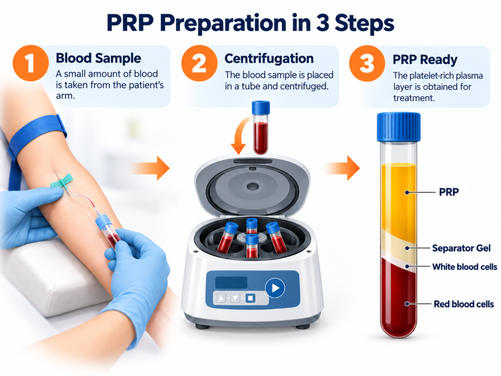 Medical infographic showing PRP preparation with blood collection, centrifugation and separation of platelet-rich plasma