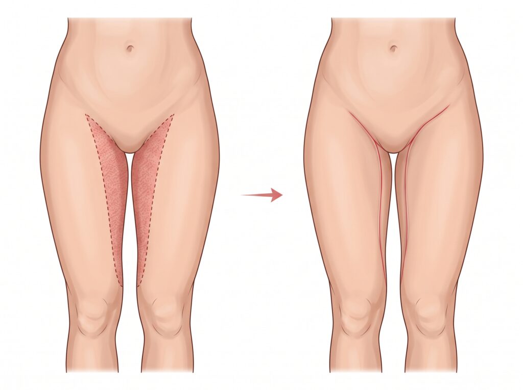 Medical illustration showing bilateral excess tissue excision and vertical scar placement in thighplasty surgery.